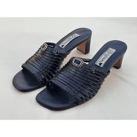 Brighton Shoes - Brighton Freddi Womens Black Leather Slide Block Heel Sandal Shoe - Size 6.5M
